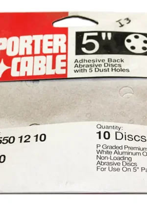 Fast Shipping PC-725501210 - Sanding Disc, 5" Stick-On, P150 Grit, 10 Pack, 5 Holes, Non-Loading, White Aluminum Oxide Porter-Cable Tool, Porter-Cable (PC-725501210)