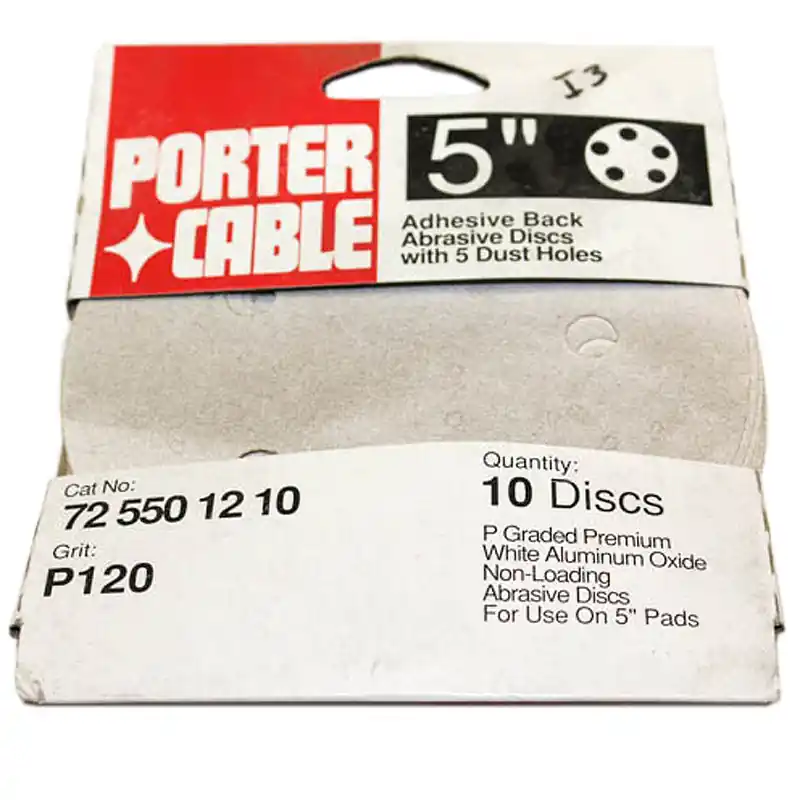 Fast Shipping PC-725501210 - Sanding Disc, 5" Stick-On, P150 Grit, 10 Pack, 5 Holes, Non-Loading, White Aluminum Oxide Porter-Cable Tool, Porter-Cable (PC-725501210)