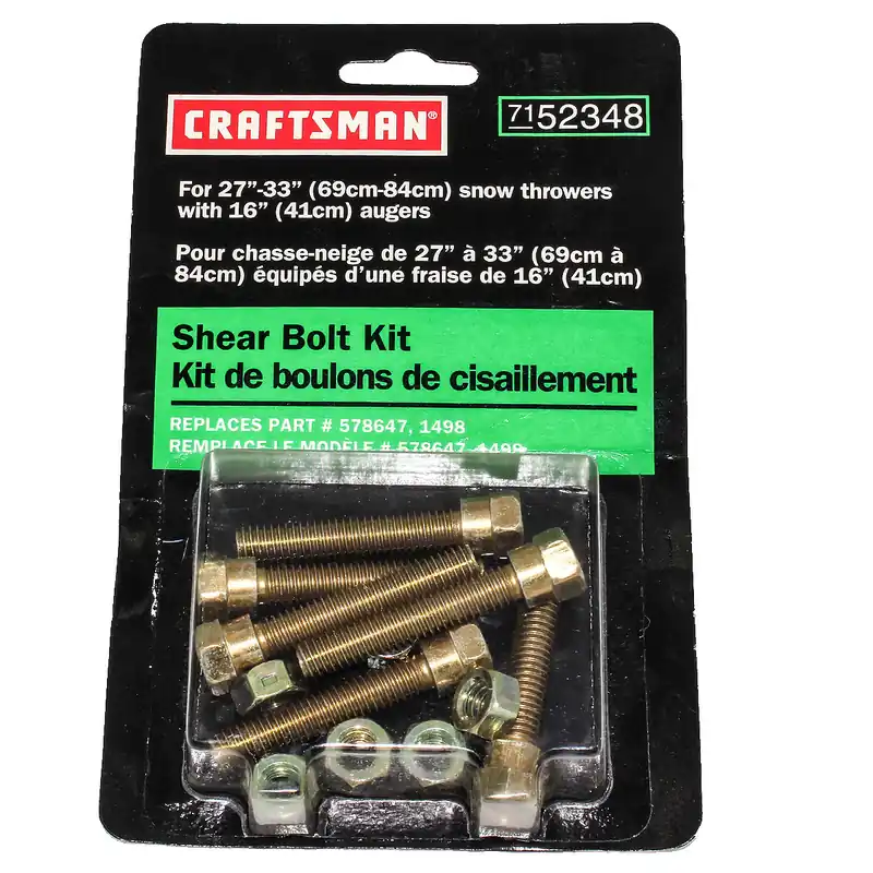 Flash Sale CRF-7152348 - Shear Bolt kit Replaces #578647, 1498, For 27" - 33" Snow Throwers with 16" augers Craftsman Lawnmower Parts (CRF-7152348)